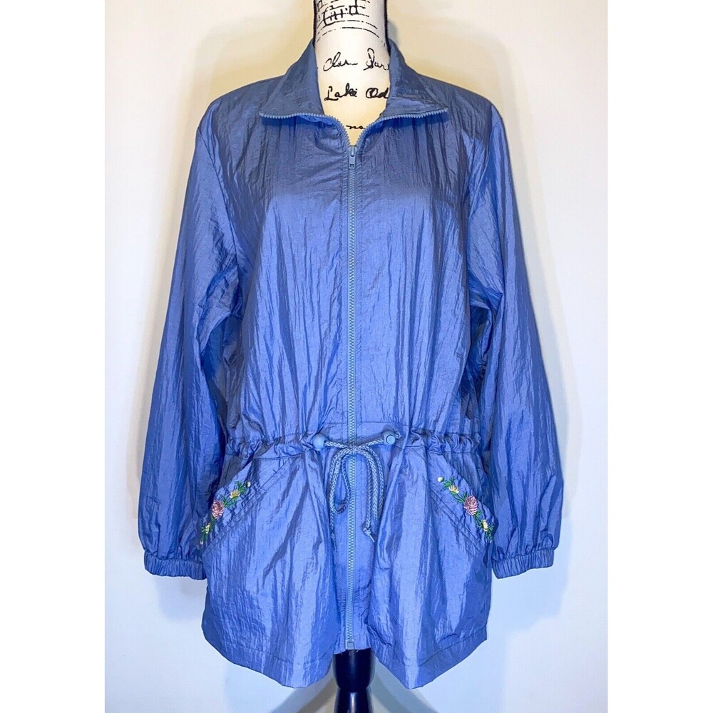 Vtg Blair Floral Embroidered Windbreaker Jacket Size LG Blue Drawstring Full Zip